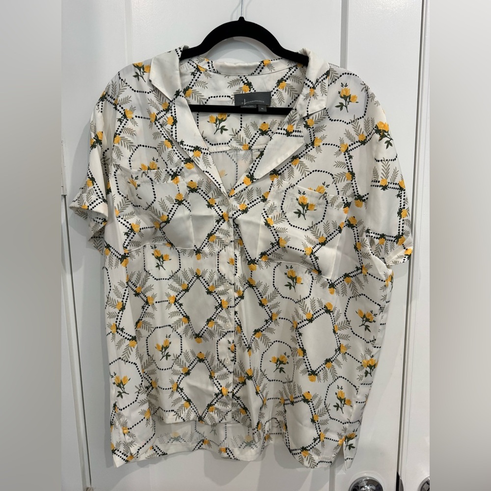 Anthropologie White and Yellow Rose Button Down Shirt